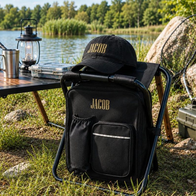 Angelausrüstung 2-teiliger personalisierter Kühler-Stuhl-Rucksack-Hocker mit gesticktem Camouflage-Hut [N] [W] Bild 1