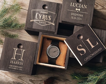Set of 6 Groomsmen Watches, Groomsmen Gifts Engraved Wood Watch, Groomsmen Proposal Wooden Watch with Box [WT01+BX]