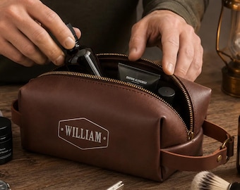 Personalized Mens Leather Dopp Kit, Toiletry Bag, Gift for Him, Golf Accessory,  Groomsmen Gifts [R]