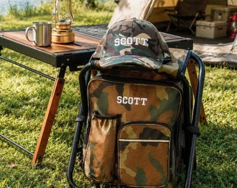 Groomsmen Gift Custom Embroidered Cooler Chair And Matching Baseball Cap Camo Set