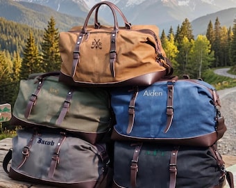 Groomsmen Gift Personalized Canvas Duffle Bag, Embroidered Grey Khaki Weekender Luggage [R]