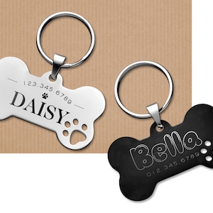 Custom Dog Tag | Personalized Dog ID Name Tag | Engraved Pet Name Tag with  Bone Shape | Silver Black Dog Tag | Pet Tag | Dog ID tag