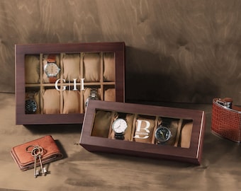 Custom Wooden Watch Box, 5 or 10 Slots: Vintage Watch Case, Personalized Gift for Him [WBX-0102] [WW]