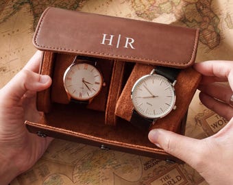 Personalized Watch Case, Leather Watch Box, Gift for Him, Monogram Watch Roll Holder