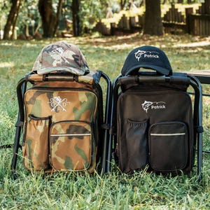 Fishing Gift Personalized Cooler Chair, Camo Backpack Stool With Custom Leather Patch [W+R] image 12