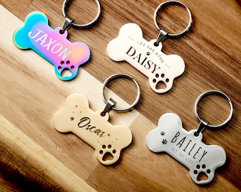 Personalized Bone Shape Dog ID Tag | Custom Dog Tag | Gold Silver Rainbow Rosegold Dog Tag | Engraved Pet Name Tag | Pet Accessories