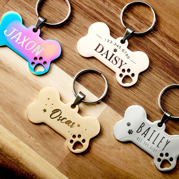 Personalized Bone Shape Dog ID Tag | Custom Dog Tag | Gold Silver Rainbow Rosegold Dog Tag | Engraved Pet Name Tag | Pet Accessories