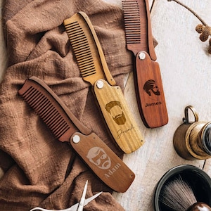 Peigne à barbe personnalisé pour hommes, cadeaux pour garçons d'honneur : en bois, gravé, pliable, format de poche