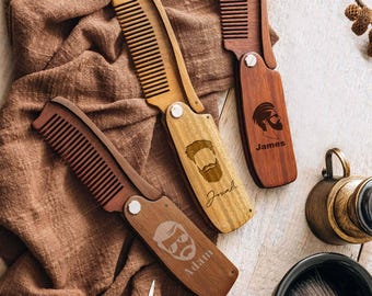 Custom Mens Beard Comb, Groomsmen Gifts: Wooden, Engraved, Foldable, Pocket-size