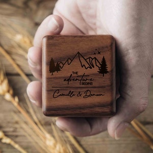 Custom Engraved Wooden Wedding Band Box, Ring Box The Adventure Begins, 3 Slots Ring Bearer Box, Wood Ring Holder, Engagement Ring Box [D]