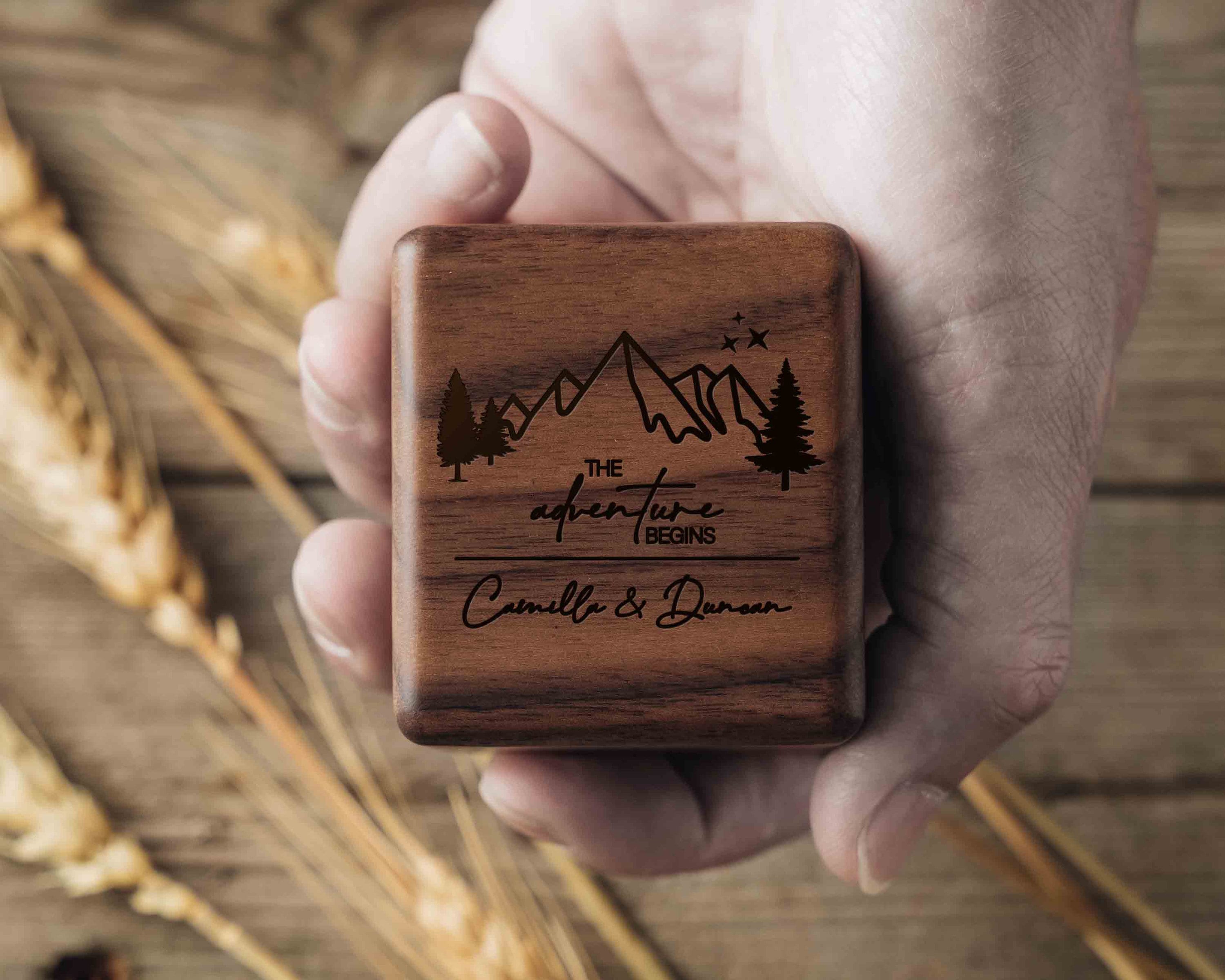Custom Engraved Wooden Wedding Band Box, Ring Box The Adventure Begins, 3 Slots Ring Bearer Box, Wood Ring Holder, Engagement Ring Box [D]