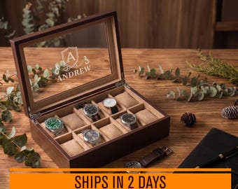 Mens Wood Watch Organizer, 5 or 10 Slot Wooden Watch Box Personalized Gifts for Him, Dad, Graduation Gift for Sun [WBX-0102]