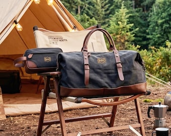 Groomsmen Gift Personalized Leather Canvas Duffle Bag, Embroidered Dopp Kit Combo Set