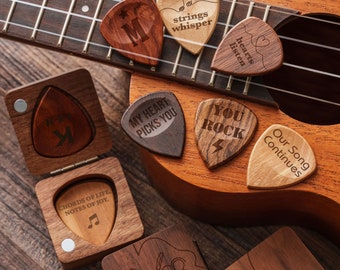 Custom Wooden Guitar Picks Box | Personalized Guitar Pick Holder  | Wood Guitar Plectrum Organizer Case|Music Gift for Guitarist Musician GP