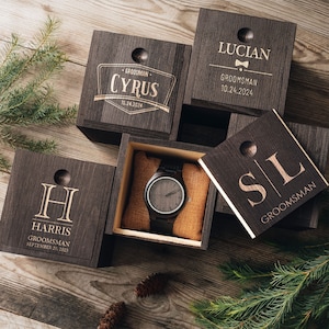 Personalized Wood Watch Groomsmen Gifts for him, Engraved Wooden Watch with Box Groomsmen Proposal, Wood Gifts for Dad [W]