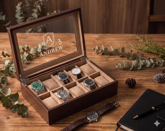 Mens Wood Watch Organizer, 5 or 10 Slot Wooden Watch Box Personalized Gifts for Him, Dad, Graduation Gift for Sun [WBX-0102]