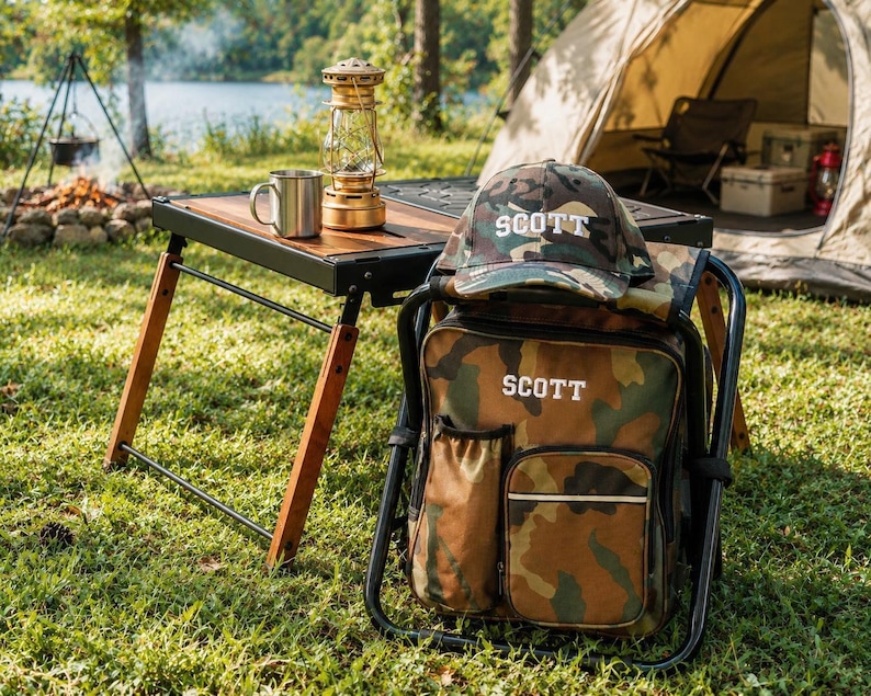 Angelausrüstung 2-teiliger personalisierter Kühler-Stuhl-Rucksack-Hocker mit gesticktem Camouflage-Hut [N] [W] Bild 9