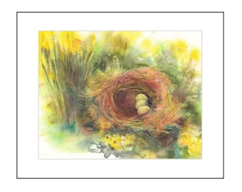 ORIGINAL WATERCOLOR PAINTING Haven in the daffodils little birds nest painting, original art, original watercolors, spring vibes, daffodils