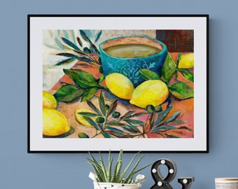 Abstract painting art print Lemons and olives contemporary art kitchen art colorful wall art food and drink Mediterranean style wall decor