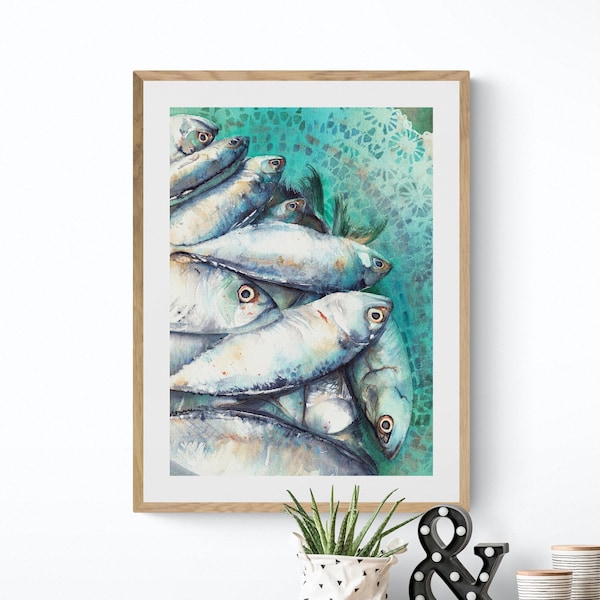 Fisch im Korb Kunstdruck, Fisch Malerei, Angeln Wand Kunst Küche Kunstwerk Sardinen Gemälde, Food Art Gemälde von Fisch, Aquarell Fisch