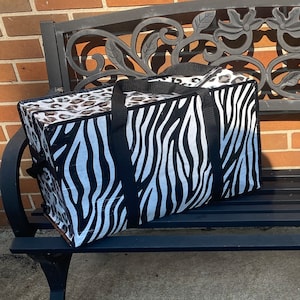 NEW** Carry on duffle,  Made from recycled bottles, eco friendly, zebra & Cheetah, black and White, Weekender bag, zippered duffle, lake bag