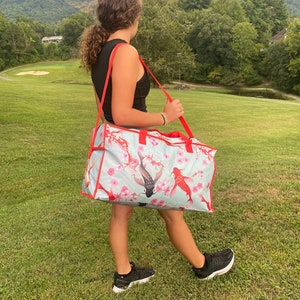 Carryon Water resistant  bag, shoulder strap, koi fish, beach bag, wipeable, zippered, college packing, car storage, koi bag, Cruise bag