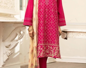 May include: A pink and cream colored dress with a geometric pattern and floral embroidery. The dress has long sleeves and a matching dupatta.