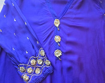 Agha Noor Silk Kurti, Size Large, Embellished Blue