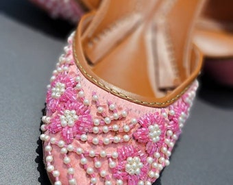 Pink Silk Khussa Shoes with Pearl & Kora Embroidery