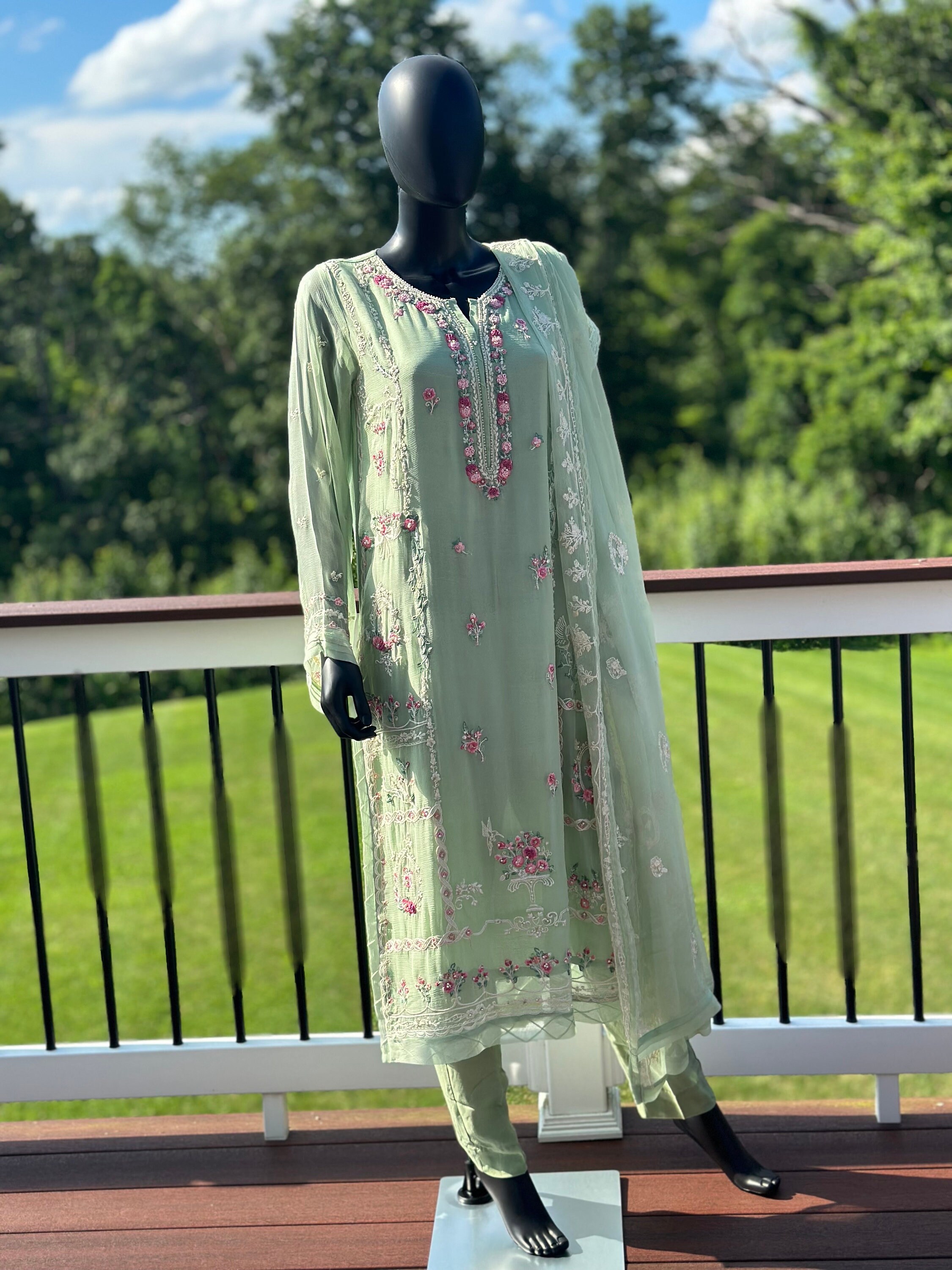 slim fit dress slacks Agha Noor Green organza Dress Party Wear Collection 3 piece Unstitched   GoodLuck Collections