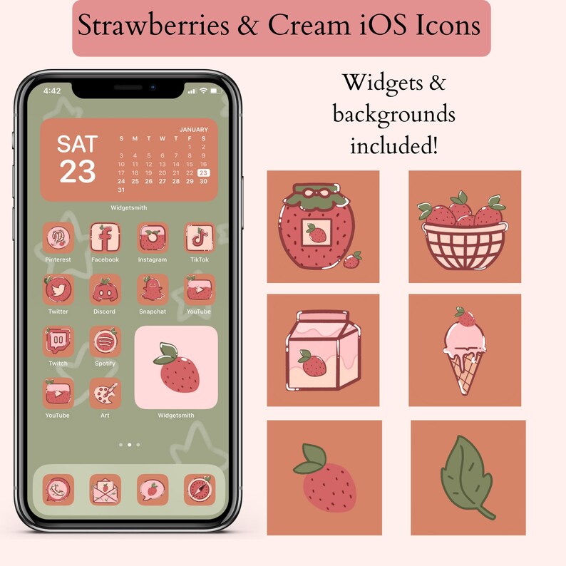 Strawberries and Cream iOS 14 App Icons, iPhone wallpapers, iOS icons, pastel pink iOS icons, Kawaii ios icons, cottagecore iOS icons 