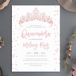 Gold Rose Quinceañera Invitation, Quinceanera Invite, Editable Template, INSTANT DOWNLOAD, Blush, Rose Gold Crown, Tiara Quinceañera #11