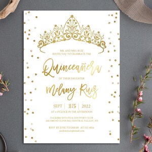 Gold crown Quinceañera Invitation, quinceanera invite, Editable Template, INSTANT DOWNLOAD, blush , Rose Gold, Glitter, TEMPLETT #11
