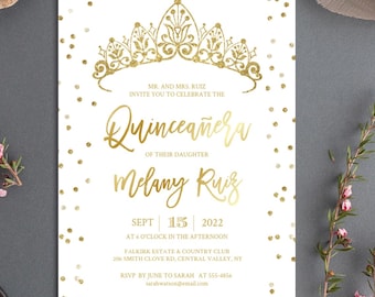 Gold Crown Quinceañera Invitation, Blush and Rose Gold (Editable Template)
