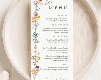 Wildflower Wedding Menu Template | Boho Floral Menu 4x9 | Printable Editable Digital Download | Flowers MenuTemplett #57