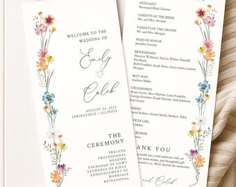 May include: Wedding program featuring floral accents. The program includes the names Emily and Caleb, the wedding date, and the ceremony details. The design incorporates colorful flowers and elegant script.