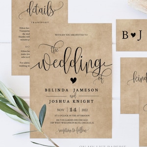 Kraft Rustic Wedding invitation set, Editable Template, INSTANT DOWNLOAD, Boho, diy draft Vintage, TEMPLETT #25