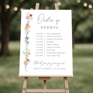 Wildflower Wedding Order of Events Template, Floral Wedding Timeline Sign, Itinerary Program, Editable Canva Template, DIY Wedding 4 sizes