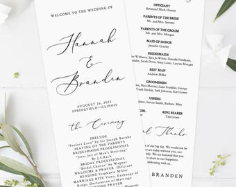 Puede incluir: Dos programas de boda blancos con caligrafía elegante. El programa de la izquierda dice "Bienvenida a la boda de Hannah & Branden" con detalles de la ceremonia. El programa de la derecha enumera la fiesta de bodas. Se ven acentos florales.
