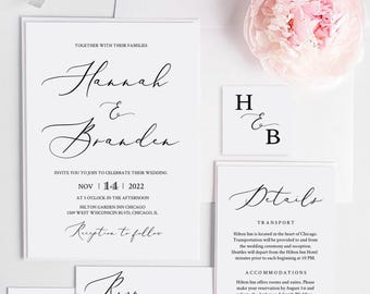 Black and White Wedding Invitation Set: Modern Calligraphy, Boho Template (INSTANT DOWNLOAD)