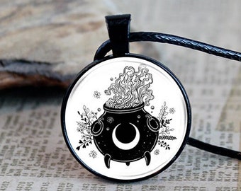 Black Cauldron Necklace, Witchcraft Jewelry with Pagan Symbol, Wiccan Pendant for Witchy Magic