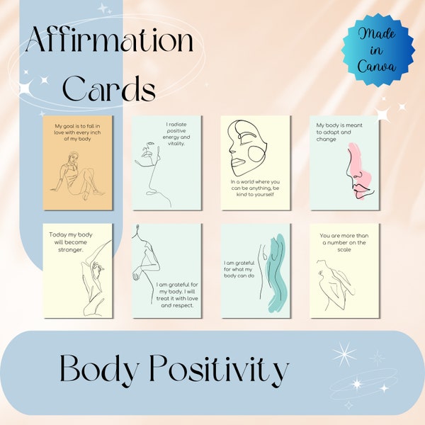 Body Positivity Affirmation Cards, Positive Affirmations for Body Image, Self Love Affirmation Cards, Line Art Printable, Motivational Cards