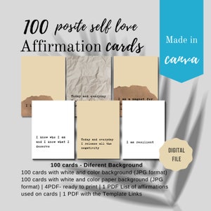 100 Positive Self Love Affirmation Cards, Daily Encouragement Affirmation Deck, Editable Self Care and Motivational Cards Printable