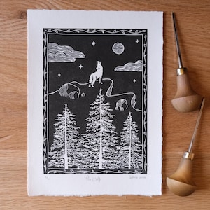 El lobo / Impresión linográfica original / Impresión del lobo / Impresión del lobo aullando / Impresión del lobo y la luna / Impresión de la luna llena