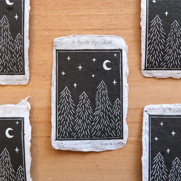 A Forest of Stars | Original Linocut Print | Black and White Print | Original Art | Forest Print