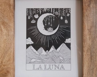 Impressão da Carta de Tarô La Luna | Impressão da Lua | Desenho Linear da Lua | Carta de Tarô Desenhada à Mão | Carta de Tarô Original