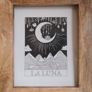 La Luna Tarot Kartendruck | Mond Druck | Mond Linie Zeichnung | Hand gezeichnete Tarot-Karte | Original Tarotkarte