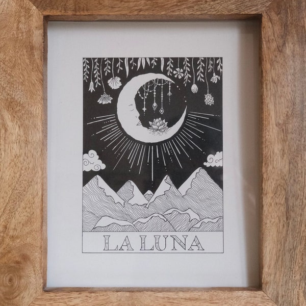 La Luna Tarot Card Print | Moon Print | Moon Line Drawing | Hand Drawn Tarot Card | Original Tarot Card