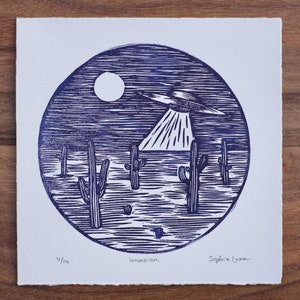 Invasion | Original Linocut Print | Space Print | Original Art | Alien Print | UFO Art