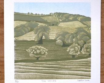 The Wolds | Original Linocut Print | Landscape Print | Landscape Painting | Rolling Hills Print | English Countryside Art | Country Painting